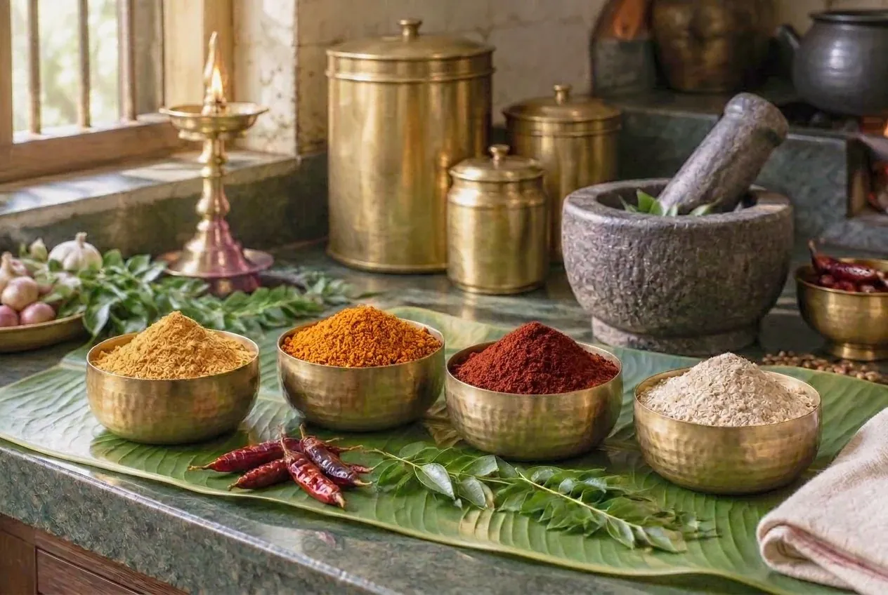 Brass bowls of idli podi, poondu idli podi, red chilli powder and health mix on a banana leaf